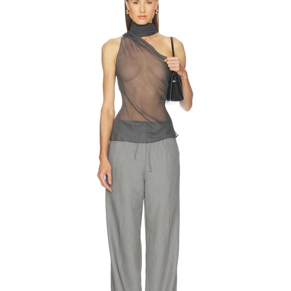 L'Academie One-Shoulder Sheer Scarf Neck Top in Charcoal - Picture 4 of 6